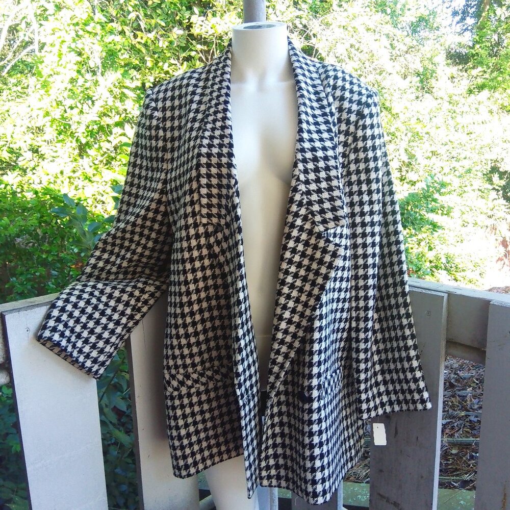 Vintage 80s Retro Houndstooth Oversized Jacket Lapel Blazer Women 14 - Picture 2 of 10
